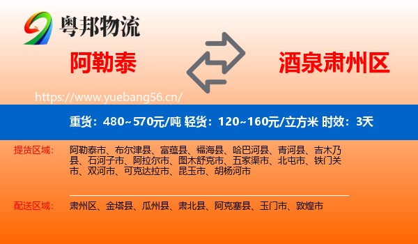 阿勒泰到肃州区物流 阿勒泰到肃州区物流专线名片