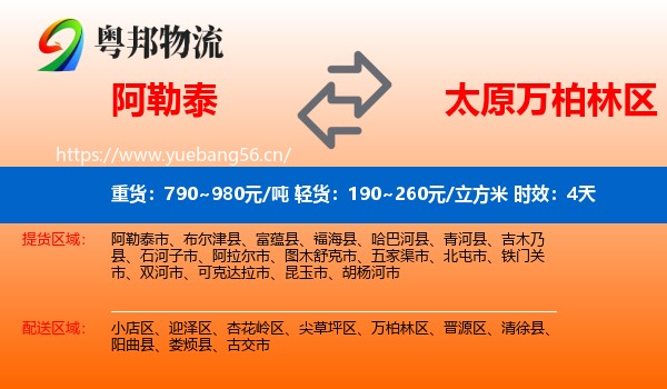 阿勒泰到万柏林区物流专线名片