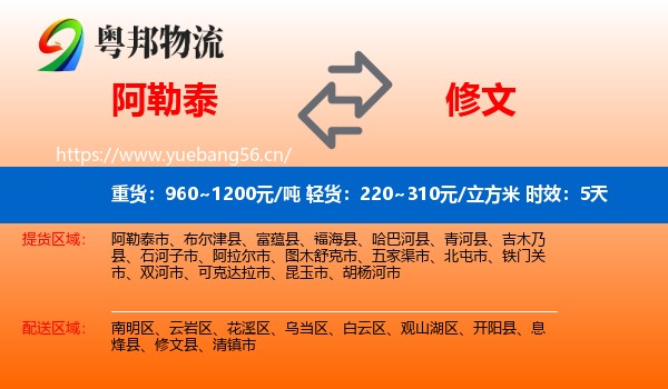 阿勒泰到修文县物流专线名片
