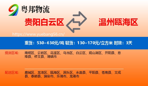 贵阳白云区到瓯海区物流专线名片