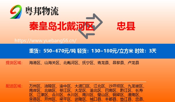 秦皇岛北戴河区到忠县物流专线名片