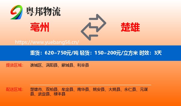 亳州到楚雄物流专线名片
