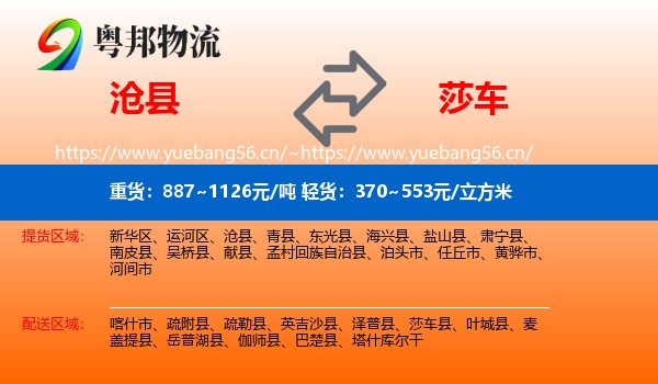 沧县到莎车县物流