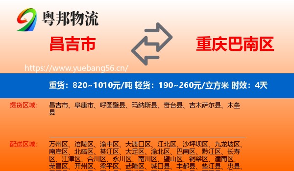 昌吉市到巴南区物流专线名片