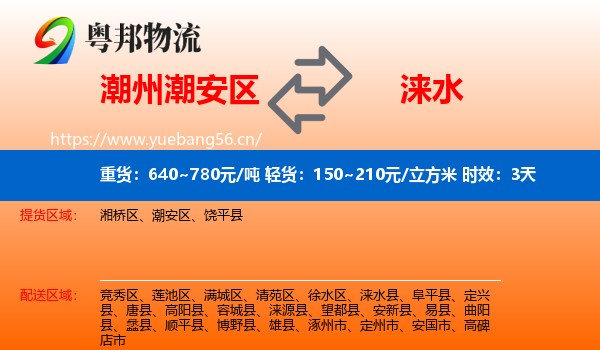 潮州潮安区到涞水县物流专线名片