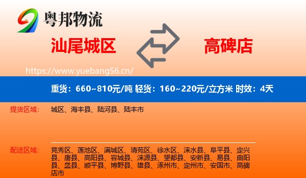 汕尾城区到高碑店市物流专线名片