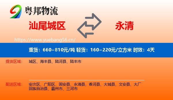 汕尾城区到永清县物流专线名片