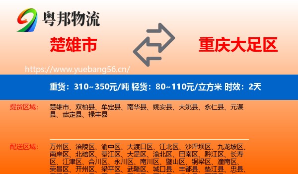 楚雄市到大足区物流专线名片