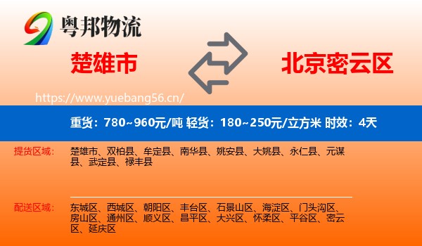 楚雄市到密云区物流专线名片