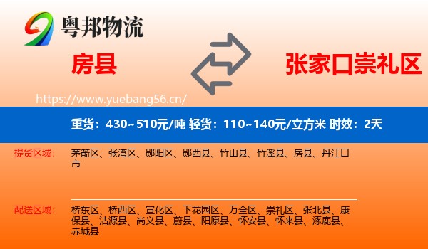 房县到崇礼区物流专线名片