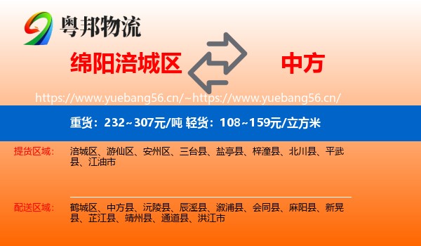 绵阳涪城区到中方县物流