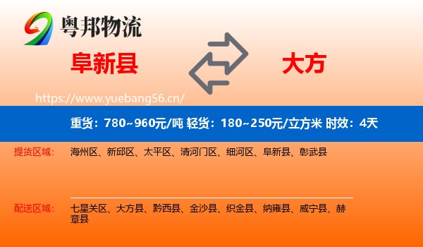 阜新县到大方县物流专线名片