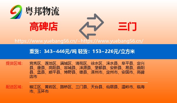 高碑店到三门县物流