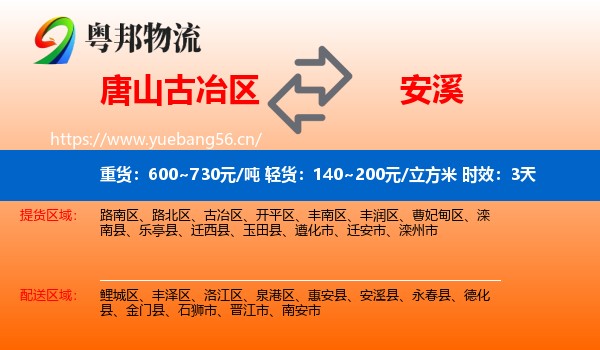 唐山古冶区到安溪县物流专线名片