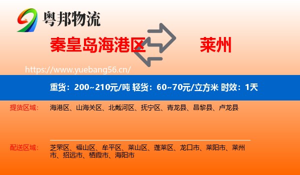 秦皇岛海港区到莱州市物流专线名片