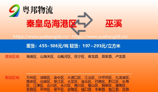 秦皇岛海港区到巫溪县物流