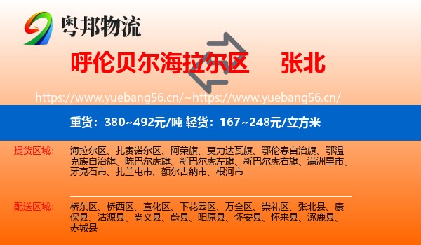 呼伦贝尔海拉尔区到张北县物流