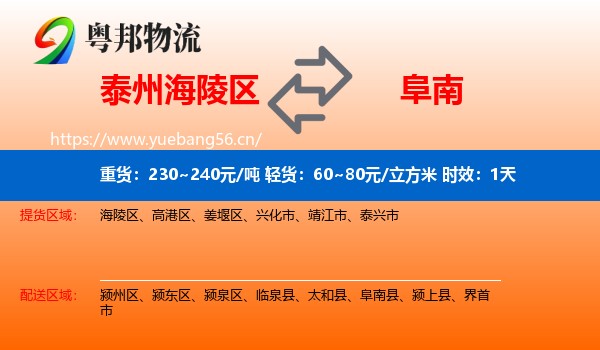 泰州海陵区到阜南县物流专线名片