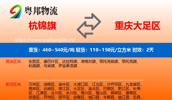 杭锦旗到大足区物流 杭锦旗到大足区物流专线名片