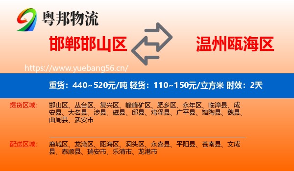 邯郸邯山区到瓯海区物流专线名片