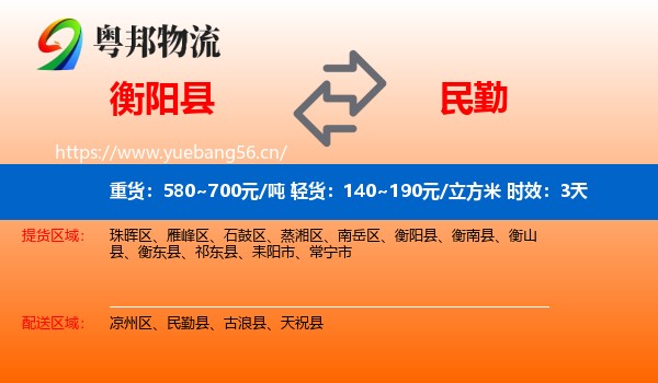 衡阳县到民勤县物流专线名片