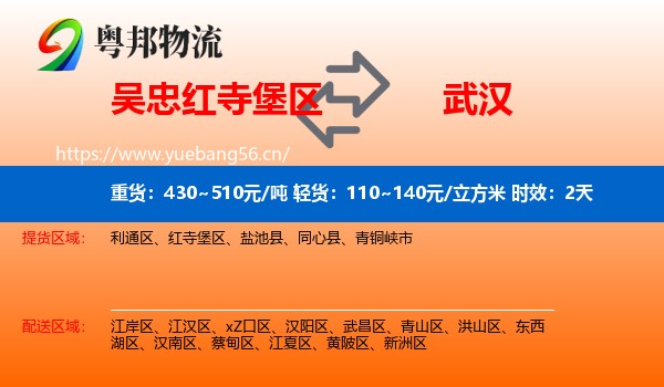 吴忠红寺堡区到武汉物流专线名片