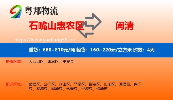 石嘴山惠农区到闽清县物流专线名片