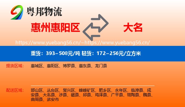 惠州惠阳区到大名县物流