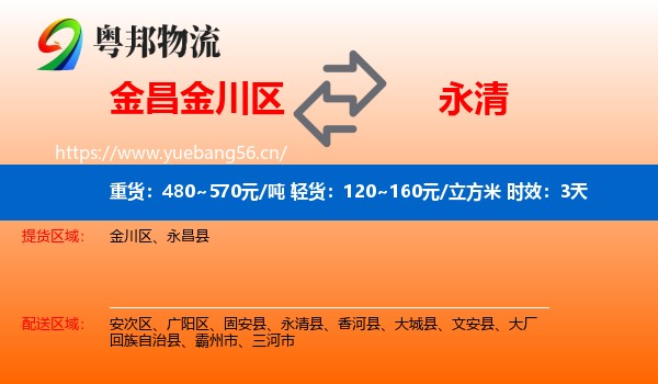 金昌金川区到永清县物流专线名片
