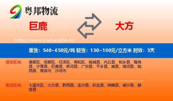 巨鹿到大方县物流专线名片
