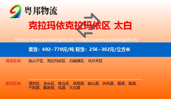 克拉玛依克拉玛依区到太白县物流