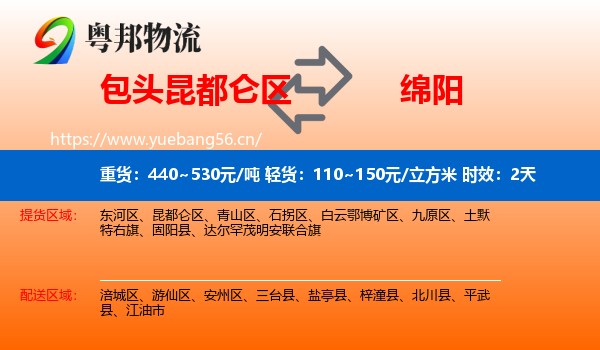 包头昆都仑区到绵阳物流专线名片