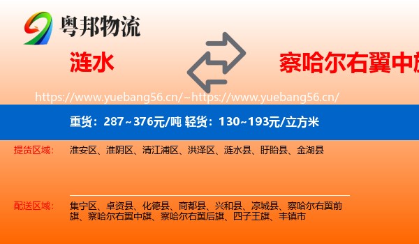 涟水到察哈尔右翼中旗物流