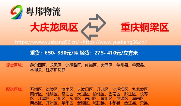 大庆龙凤区到铜梁区物流