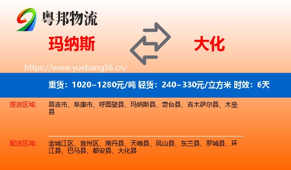 玛纳斯到大化县物流专线名片