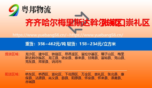 齐齐哈尔梅里斯达斡尔族区到崇礼区物流