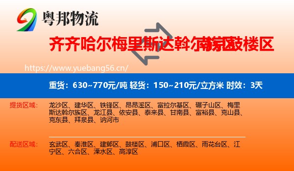 齐齐哈尔梅里斯达斡尔族区到鼓楼区物流专线名片