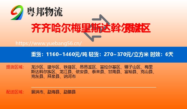 齐齐哈尔梅里斯达斡尔族区到景洪市物流专线名片