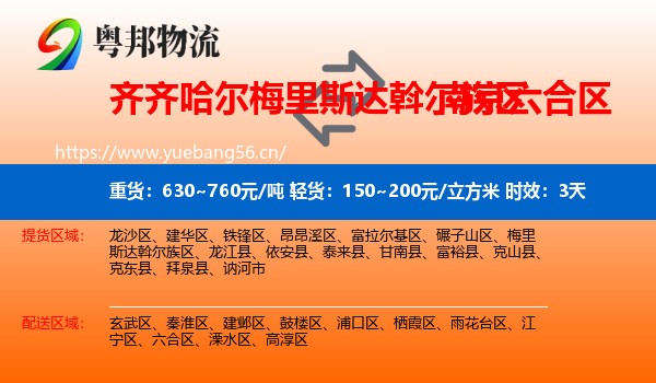 齐齐哈尔梅里斯达斡尔族区到六合区物流专线名片