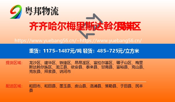 齐齐哈尔梅里斯达斡尔族区到民丰县物流
