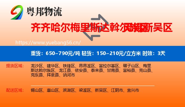 齐齐哈尔梅里斯达斡尔族区到新吴区物流专线名片