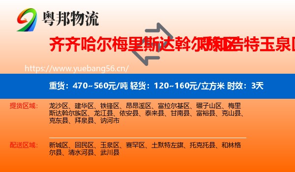 齐齐哈尔梅里斯达斡尔族区到玉泉区物流专线名片