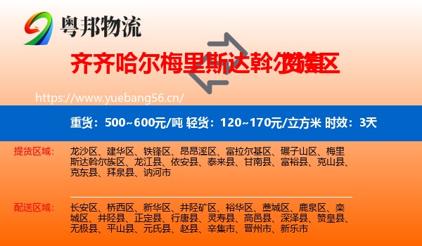 齐齐哈尔梅里斯达斡尔族区到赞皇县物流专线名片