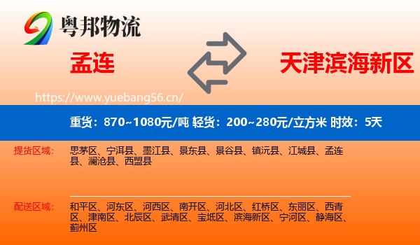 孟连到滨海新区物流 孟连到滨海新区物流专线名片
