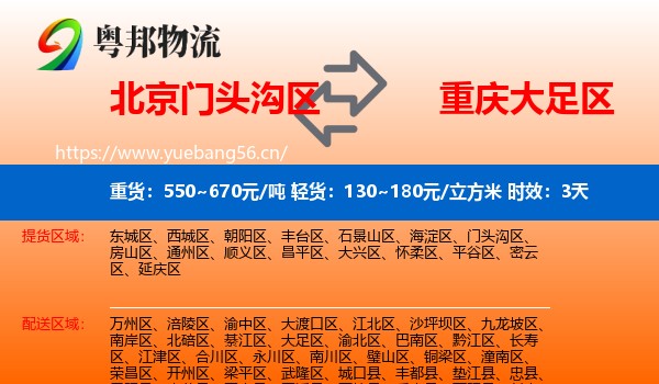 北京门头沟区到大足区物流专线名片