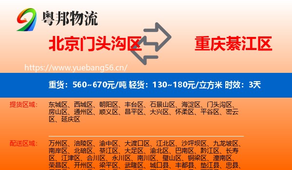 北京门头沟区到綦江区物流专线名片