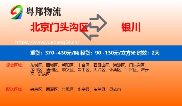 北京门头沟区到银川物流专线名片