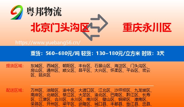 北京门头沟区到永川区物流专线名片
