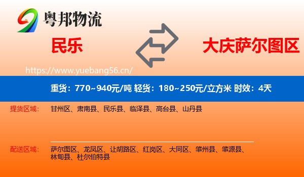 民乐到萨尔图区物流专线名片