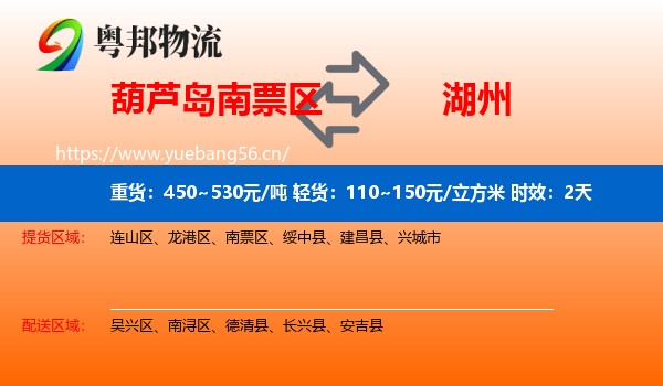 葫芦岛南票区到湖州物流专线名片